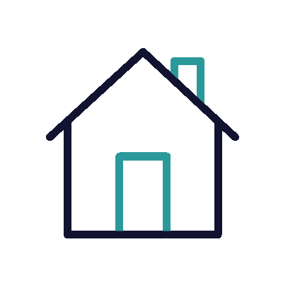 home Icon in Form eines Hauses, dieses entwickelt sich zu einem Häuserblock